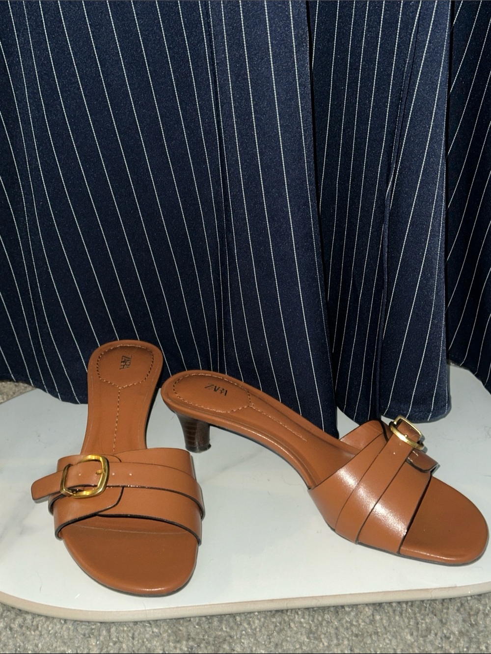 Zara Tan Leather-Look Slide Sandals with Buckle